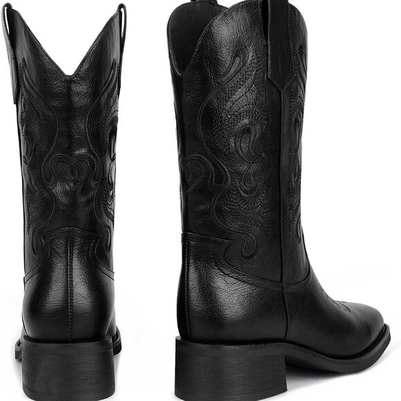 Women Cowgirl Cowboy Boots Faux Leather Rubber Sole Embroidered Square Toe - Picture 3 of 5